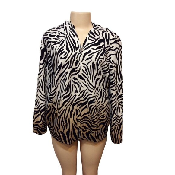 CHICO’S Hooded Jacket Zipper Large Women Black White Tan Zebra Cotton Rayon Nyl - Picture 1 of 3